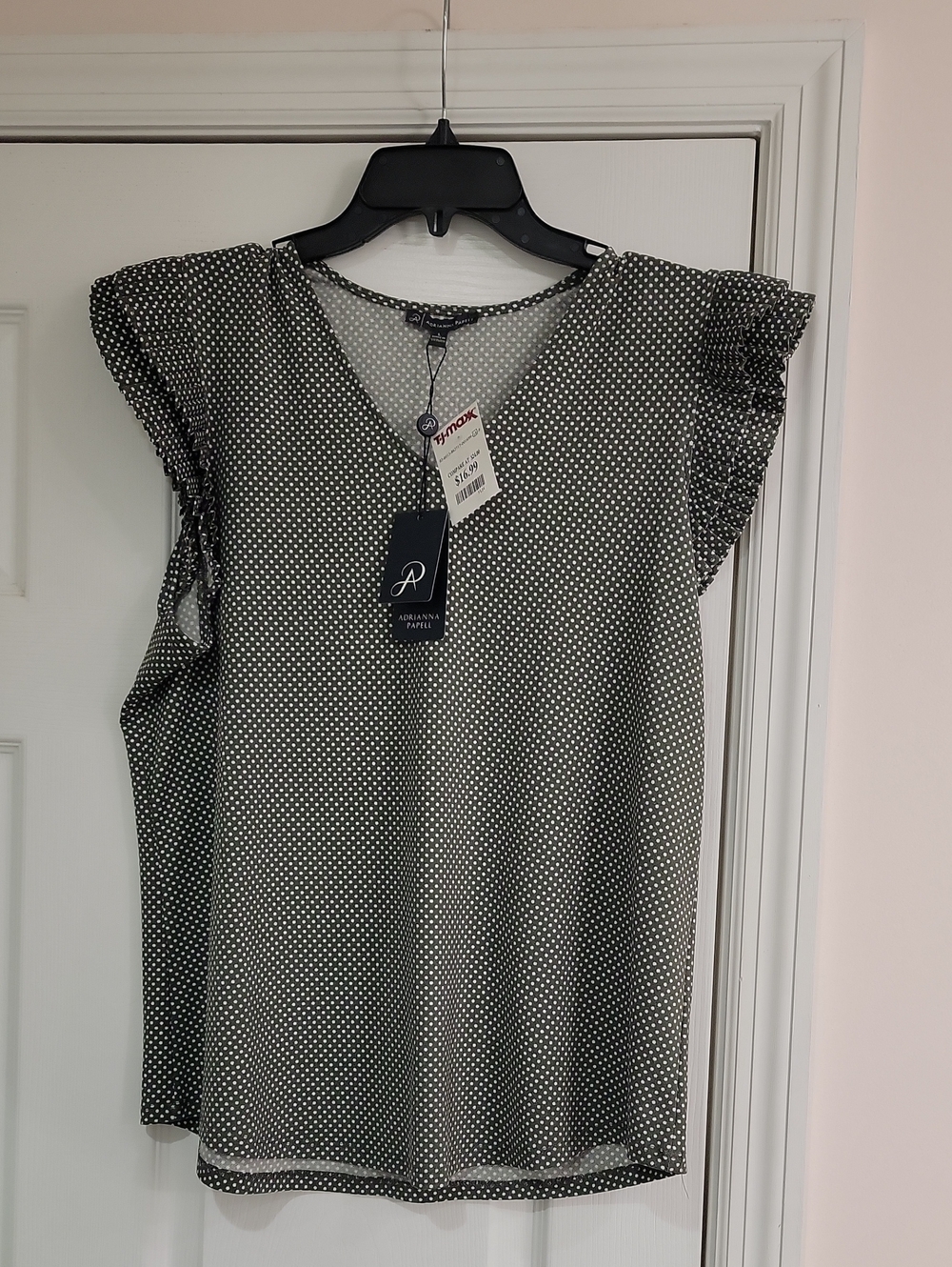 Adrienne Vittadini Black & White Polka Dot Flutter Sleeve Top